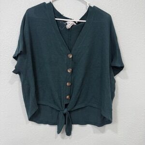 Sadie & Love Dark Teal Waffle Knit‎ Button Front Tie Hem Top Large JE90653